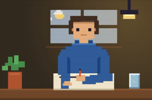 Pixel-art animation of a person quietly working at a desk — a body-doubling focus companion