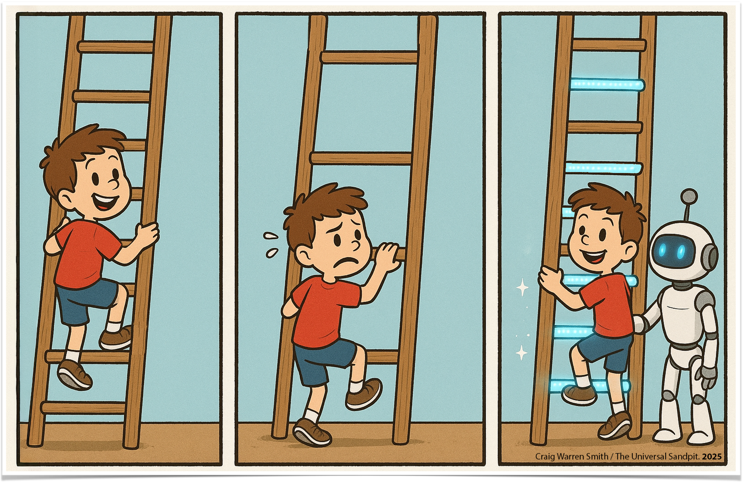 Three-panel cartoon: a boy climbs a wooden ladder happily, then struggles partway up, then a robot arrives and the ladder rungs light up.