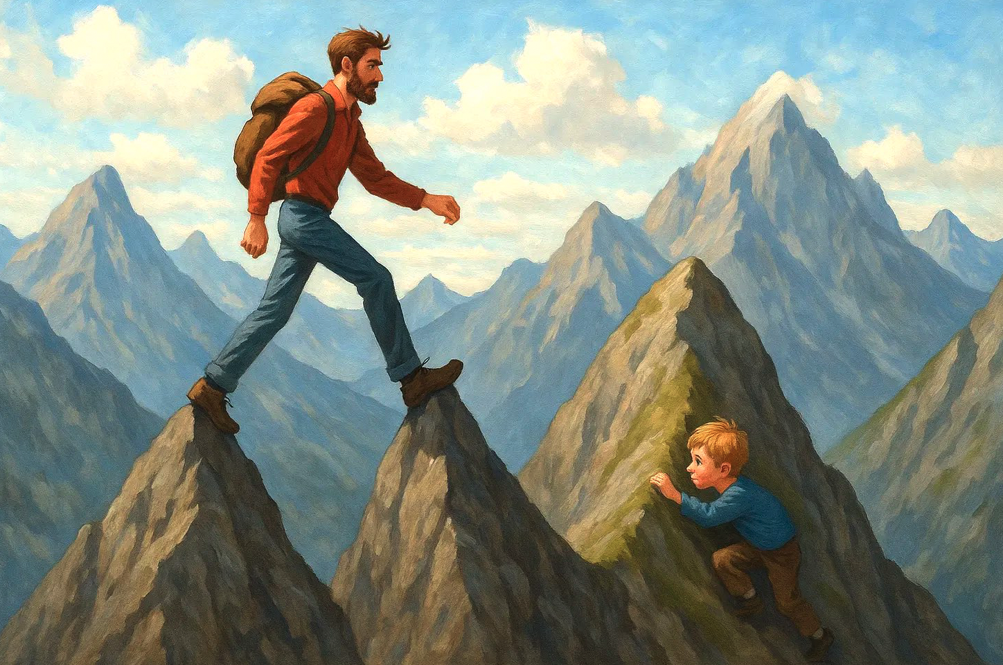 Illustration of a hiker stepping across mountain peaks, reaching back to help a child climb up