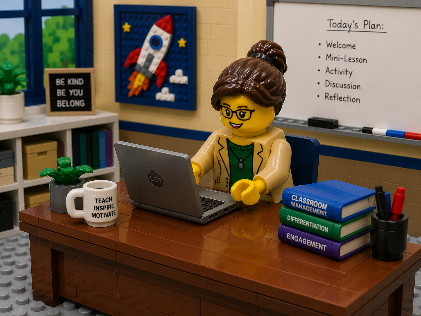 Lego scene of a teacher planning on a laptop at a desk, with a Today's Plan whiteboard and books on classroom management, differentiation and engagement