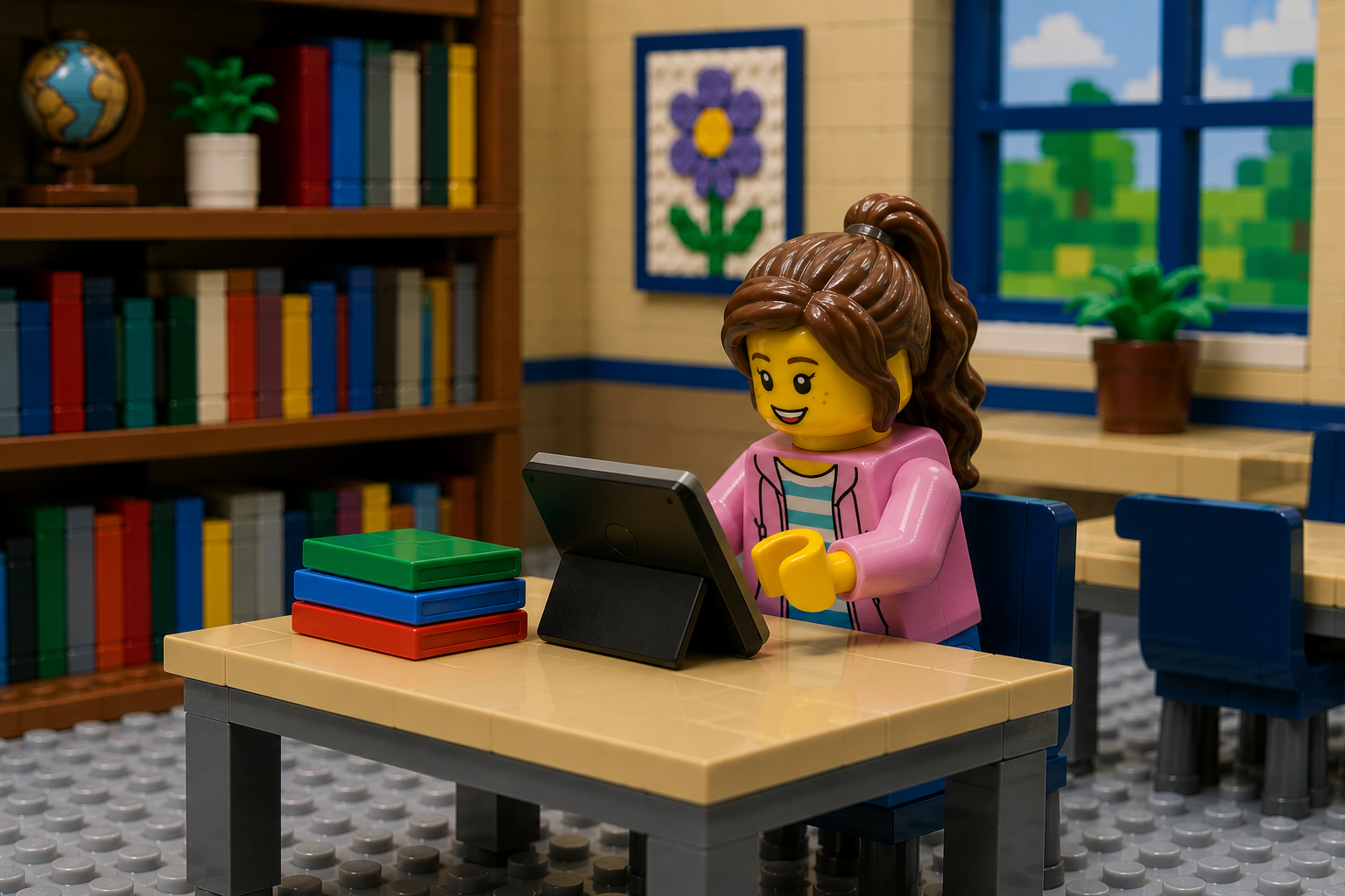 Lego scene of a student working on a tablet at a desk in a classroom