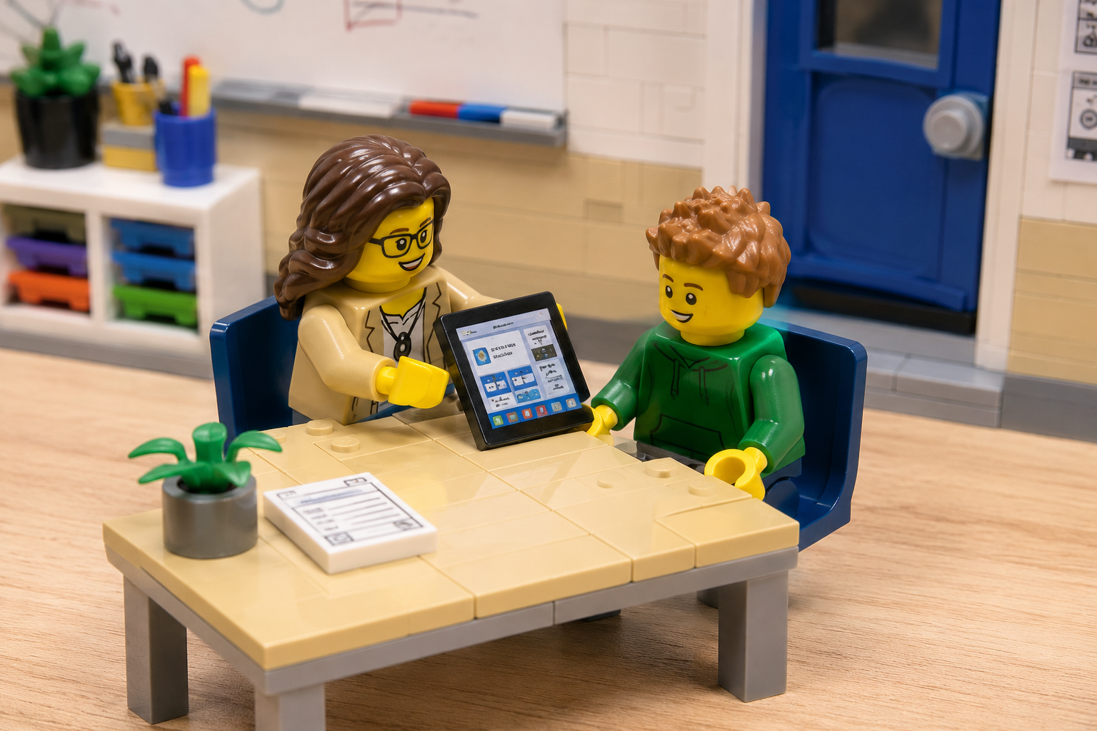 Lego scene of a teacher and student sharing a tablet at a classroom desk