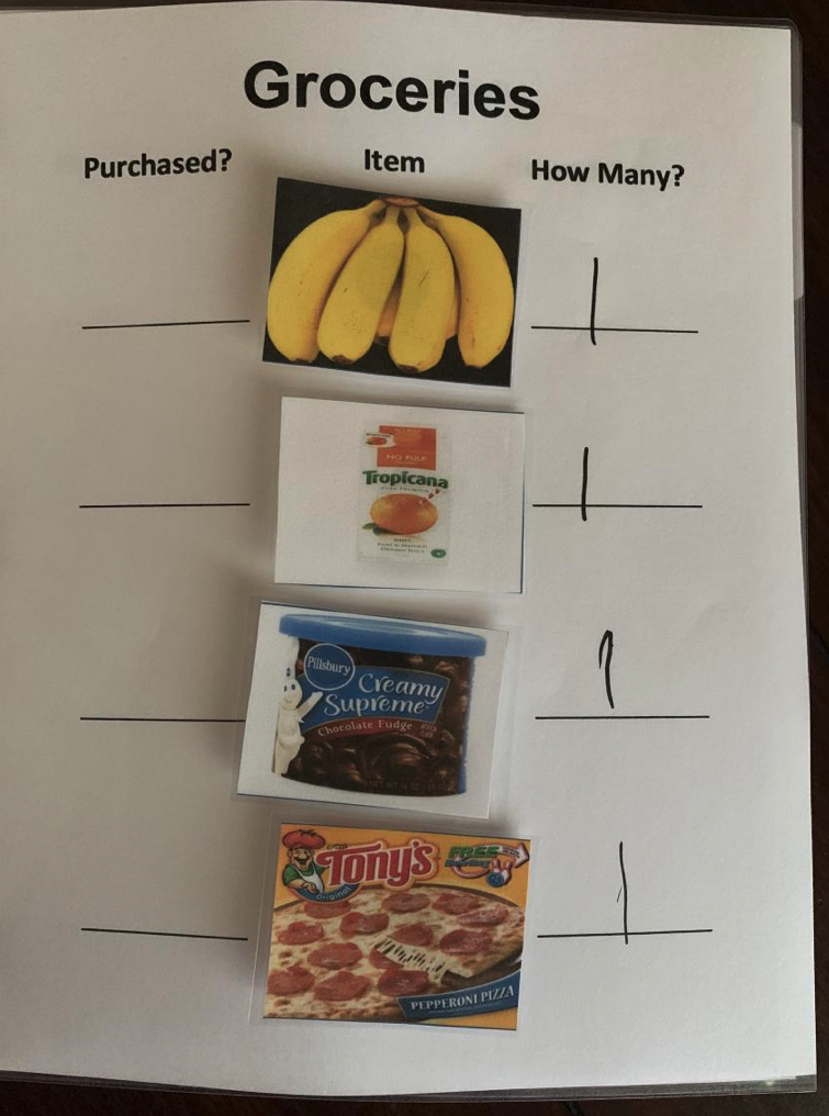 A printed paper grocery checklist with photos of items and how-many columns